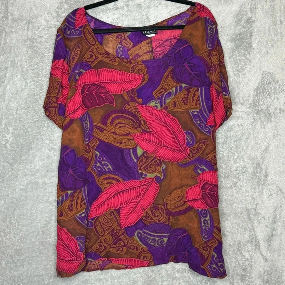 DBS Collections 1X Shirt Top Purple Pink Floral Short Sleeve Scoop Neck Stretch - Picture 1 of 6